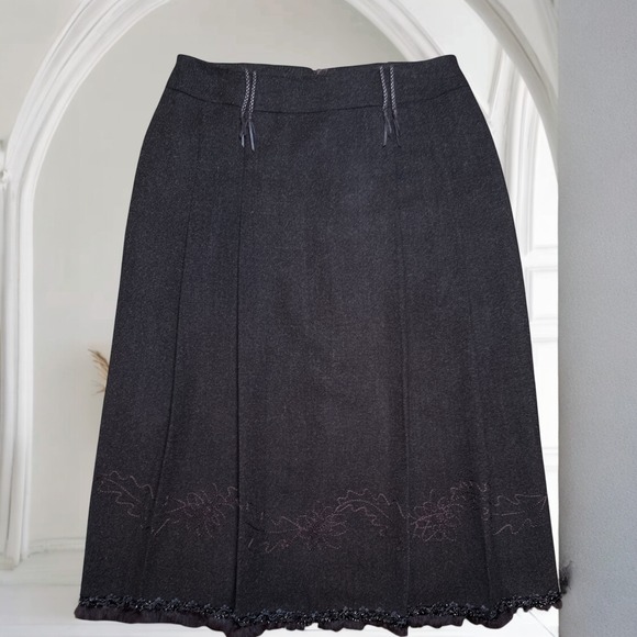 Forwear New York Midi Lined Pleated Skirt Sz 10 Beaded Fur Trim A-Line Boho - Picture 1 of 13